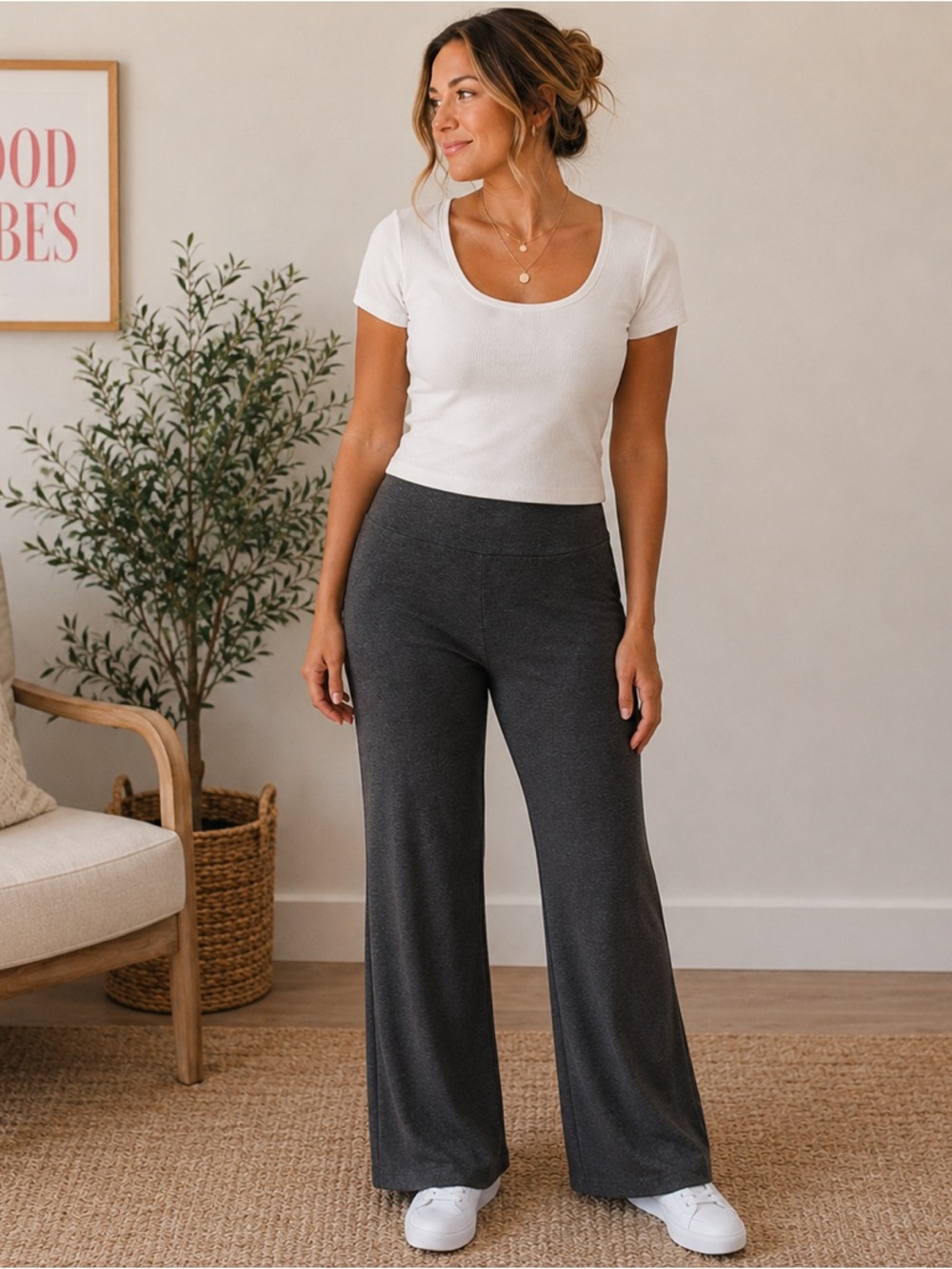 Wide-Leg Knit Lounge Pants in Charcoal